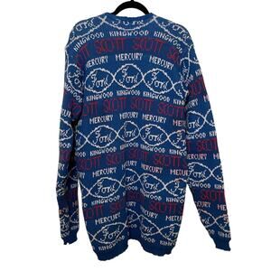 Vintage Handknit long sleeve cardigan cabincore Ford Car blue white grandmacore